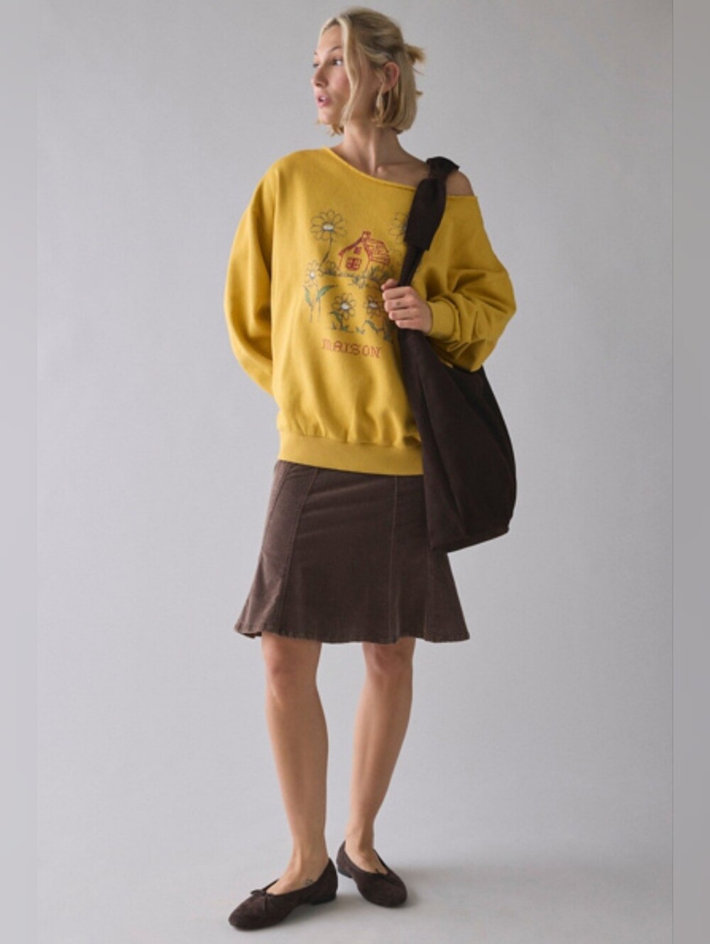 Maison Cross Stitch Graphic Off-The-Shoulder Oversized Pullover NWOT Sz S/M - Picture 2 of 8